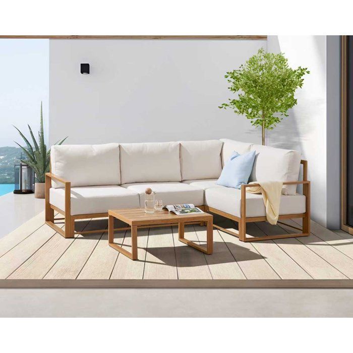 Conjunto de muebles de jardín con sofá esquinero SANTA - Aluminio efecto madera - 5 personas - Color crudo