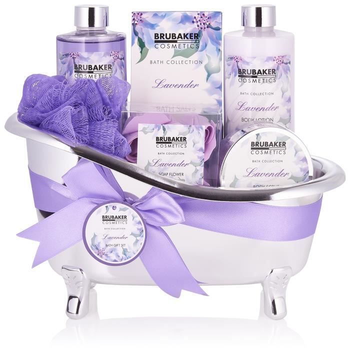 BRUBAKER Cosmetics Coffret de bain & douche - 7 pcs. - dans une baignoire décorative - Idée cadeau - Lavende