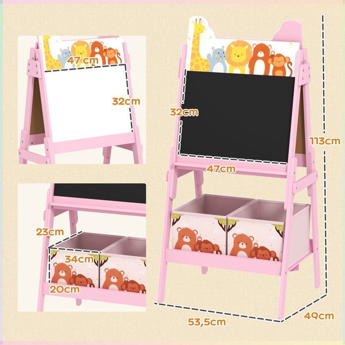 Caballete infantil - AIYAPLAY - Pizarra de doble cara 2 en 1 en blanco y negro - con 2 cajas de almacenamiento - para niños de 3 a 8 años - Rosa