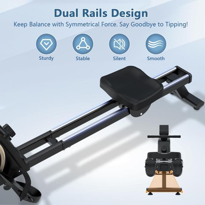 Máquina de remo de doble raíl, 16 niveles de resistencia, funcionamiento silencioso, compatible con Kinomap y Fitshow. Peso máximo: 160 kg.