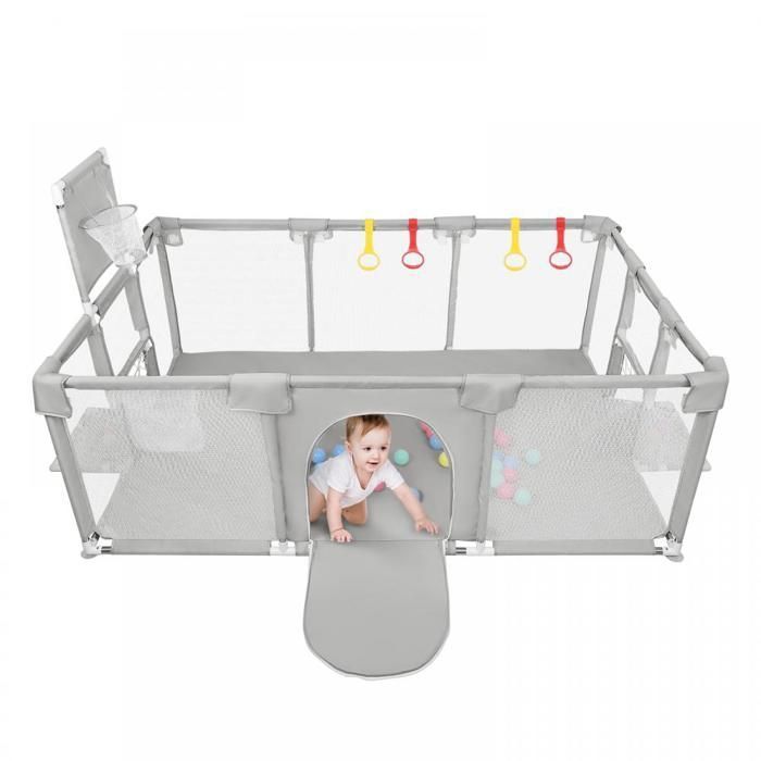 Parque infantil de seguridad - MIPAN - Valla para bebés con pelotas de mar + 4 asas - 180*120*66cm - Gris claro