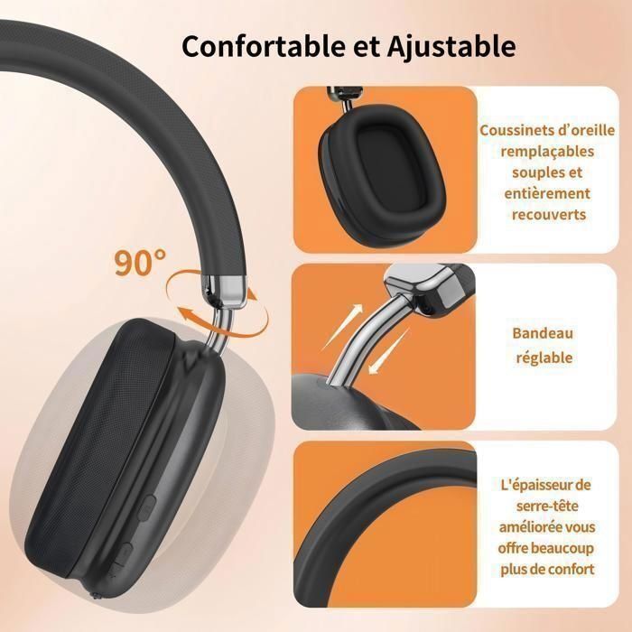 Trådløse Bluetooth 5.3-hovedtelefoner med tri-frekvens-equalisering, stereolyd, indbygget mikrofon og 40 timers batterilevetid - Sort
