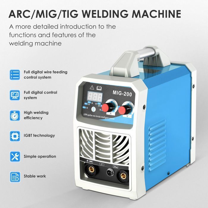 Saldatrice portatile 3 in 1 MIG/TIG/MMA da 200 A e 220 V, con 3 anni di garanzia.