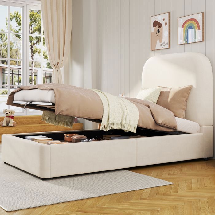 Lit Coffre - Becag - Lit enfant rembourré 90x200cm avec tête de lit, Lit simple capitonné avec rangement hydraulique, Velours Beige
