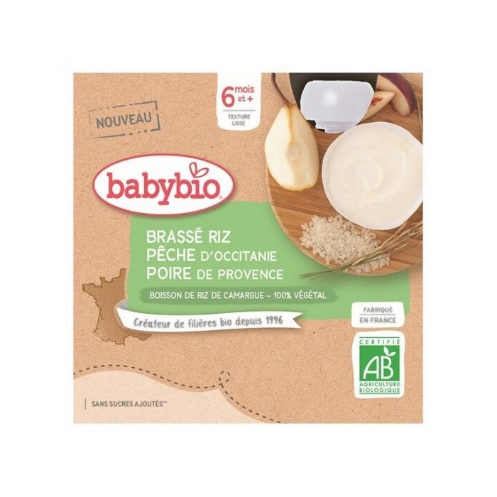 Yogurt Babybio a base di riso, pesca e pera, dai 6 mesi in su, 4 bustine da 85 g.