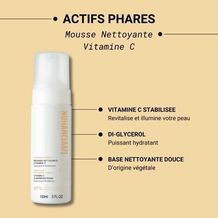 Espuma limpiadora facial y de cuello con vitamina C de NUHANCIAM – 150 ml, 97 % de ingredientes naturales.