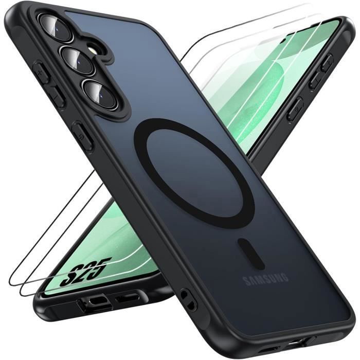 Custodia BOOLING per Samsung Galaxy S25 - Protezione in silicone - 2 pellicole protettive in vetro temperato - Antiurto, nera