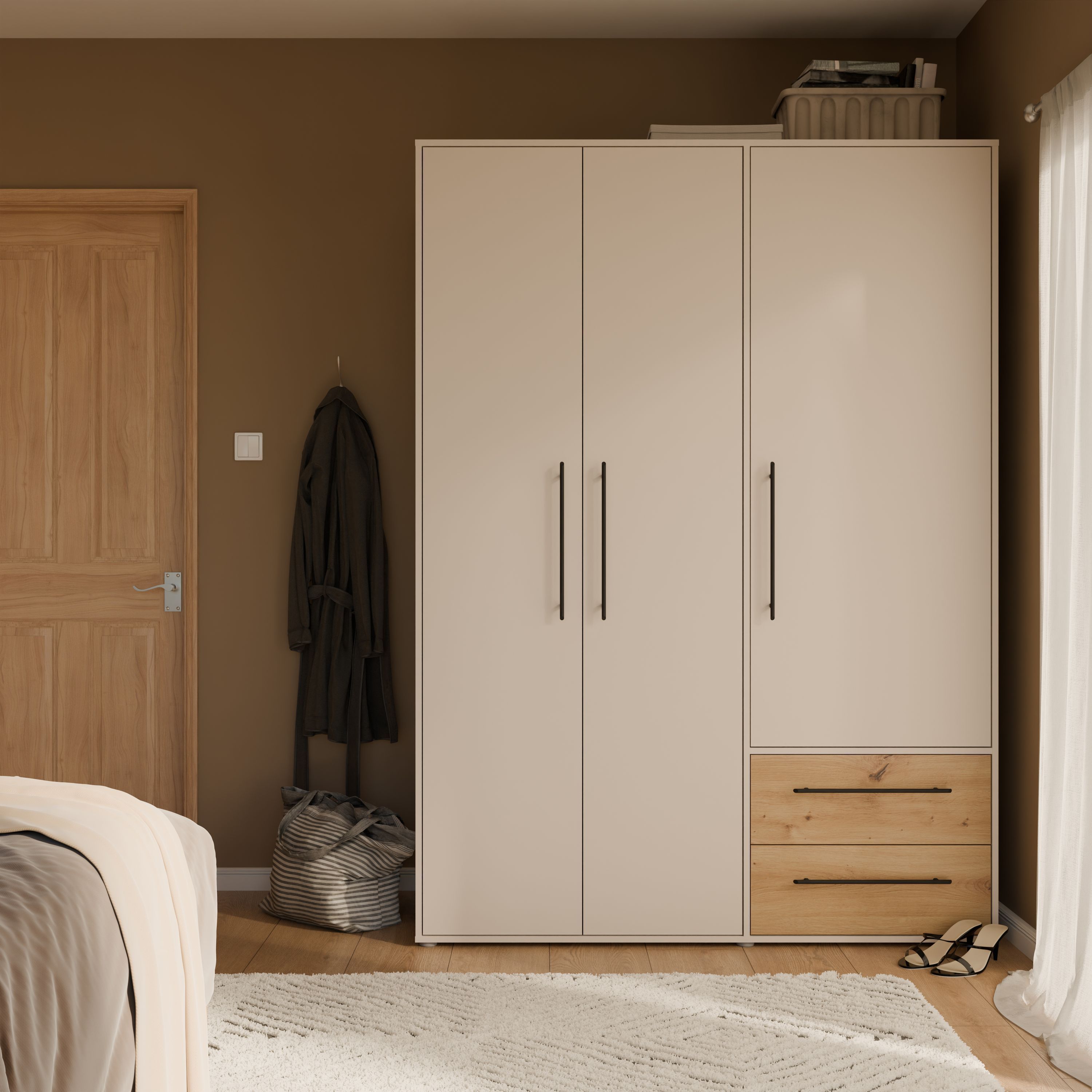 Armoire de chambre - Sable et Chêne - 3 portes battantes - L144,4 x P58,8 x H200,1 cm - MOKKARIS