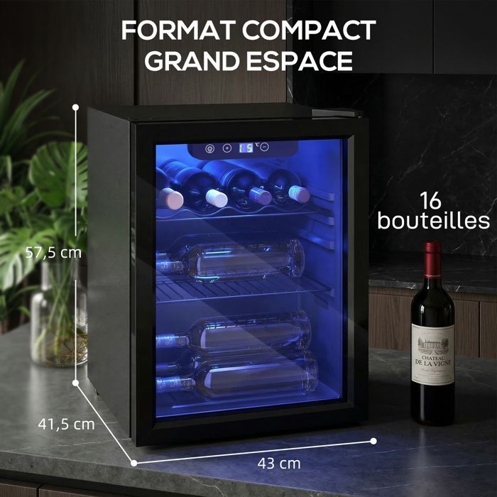 Wine cellar - HOMCOM - 16 bottles - adjustable temperature 4-16 °C, reversible door - steel and tempered glass - 43x41.5x57.5cm - black