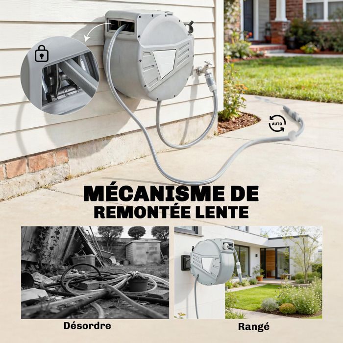 Enrouleur Tuyau Arrosage Mural - Outsunny - 30+2 m x Ø 15mm - Rétractable Automatique Pivotant à 180° - Plastique - Gris