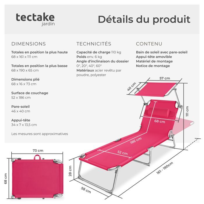 Sun lounger - TECTAKE - CHLOE folding garden sun lounger with 4 positions and headrest - Bright Pink