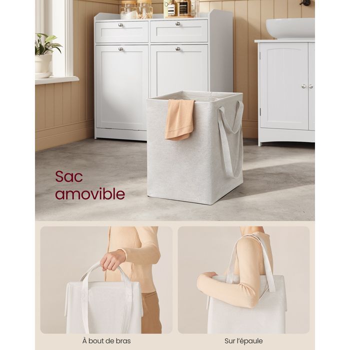Bathroom cabinet with removable inner bag and handles, 2 drawers and 2 laundry baskets, 40 x 78.9 x 80.2 cm, White