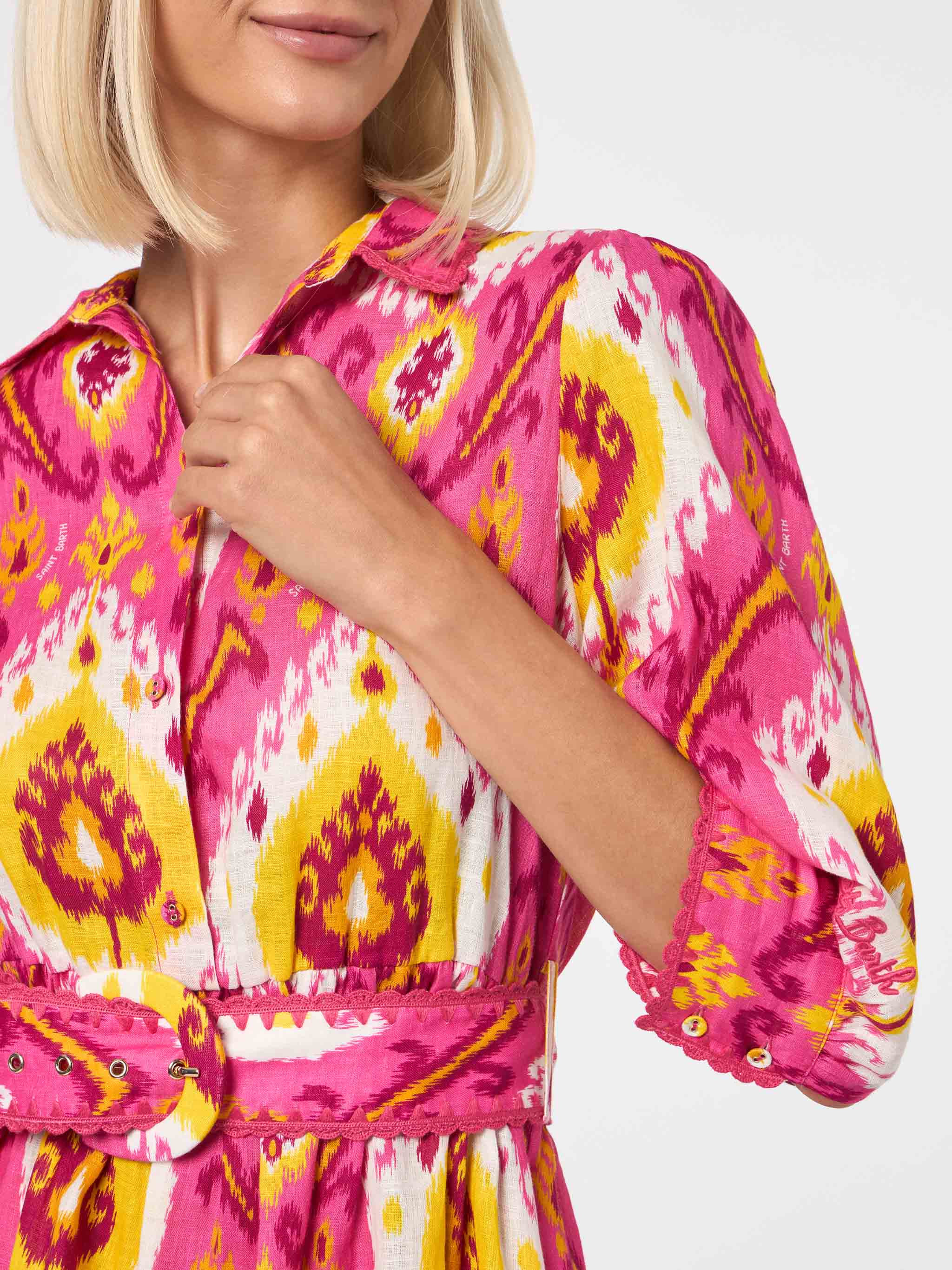 Korte linnen jurk voor dames met ikatprint