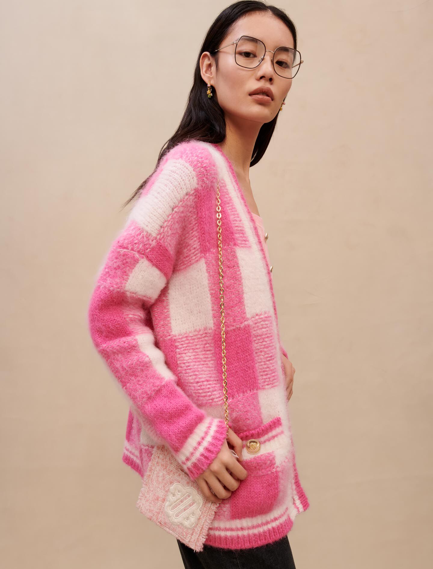 Geruite jacquard cardigan - Rose Fluo/Blanc