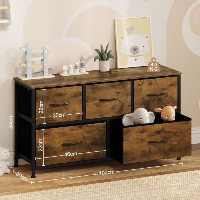 WOLTU Commode,Armoire en Bois d'Ingénierie,Tiroirs en Tissu,Cadre en Métal,Style Industriel,100x30x54cm,Marron Rustique W0ITT0093