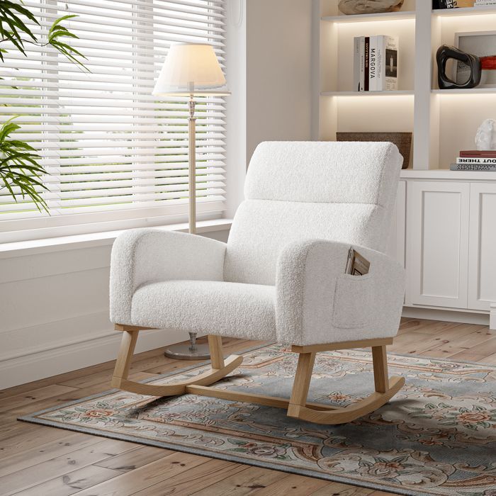 Rocking Chair, Nursing Rocking Chair with Side Pockets, Solid Wood Legs for Living Room/Bedroom, White