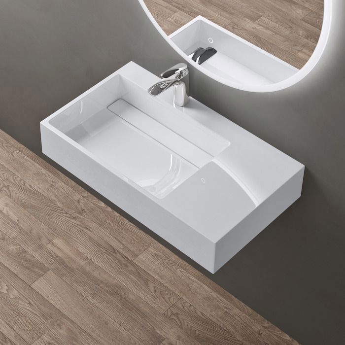 Lavabo mural blanco doporro de 75 cm, lavabo de encimera con desagüe, lavabo rectangular de 75 x 43 x 14 cm Colossum12-L