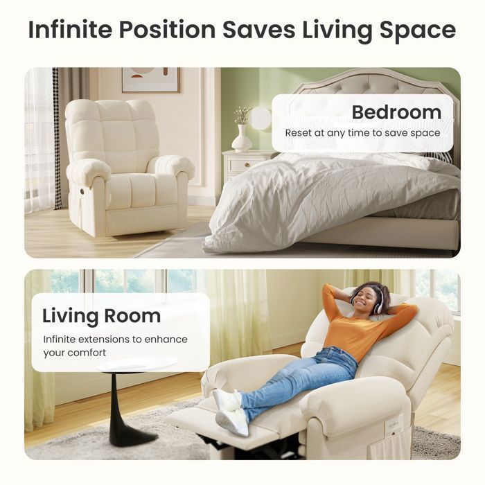 Poltrona reclinabile elettrica regolabile in velluto, ideale per il soggiorno, con porta USB, colore beige.