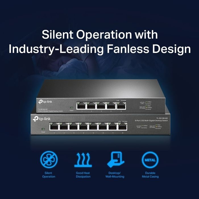 Switch TP-LINK TL-SG105-M2 de 5 puertos y 2,5 Gigabit - Silencioso y sin ventilador