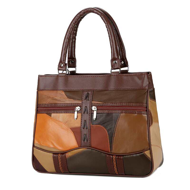 Borsa a tracolla da donna in vera pelle con inserti patchwork e molteplici tasche, borsa a mano da donna, borsa a spalla casual