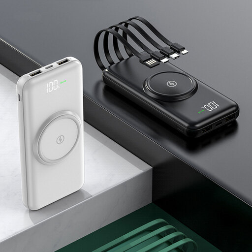 Smartek 10.000mAh Powerbank mit 4 integrierten Kabeln und Qi-Wireless-Charging