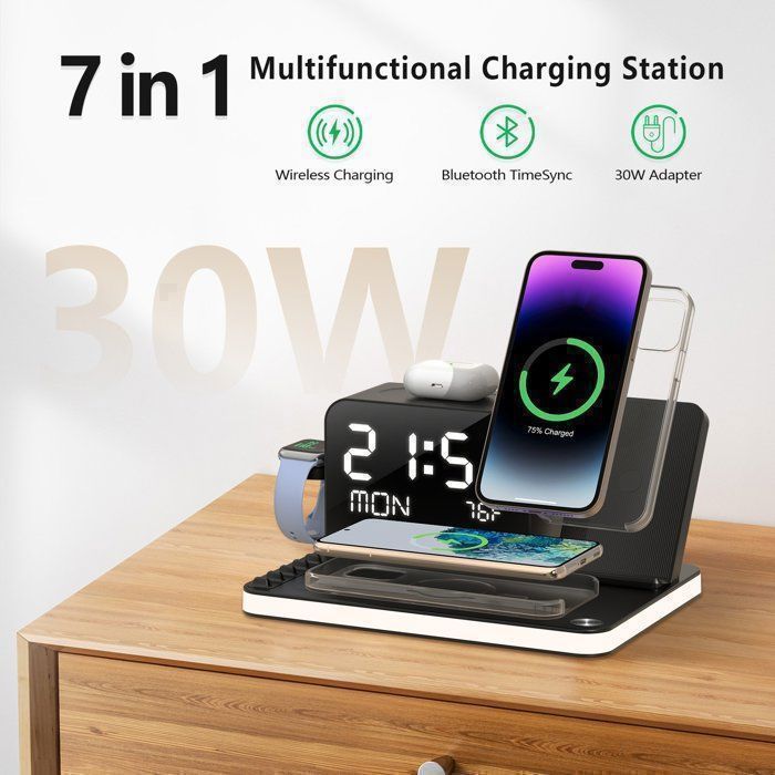 Cargador inalámbrico 7 en 1: estación de carga, reloj, luz nocturna, cargador inalámbrico para iPhone, AirPods, Apple Watch, Samsung y Android.