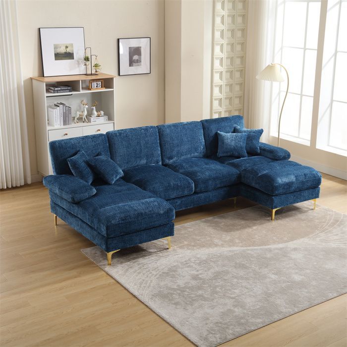 DRIPEX Canapé 4/5 Places en tissu chenille,Canapé Moderne en forme U avec 4 coussins pour salon,chambre,Bleu