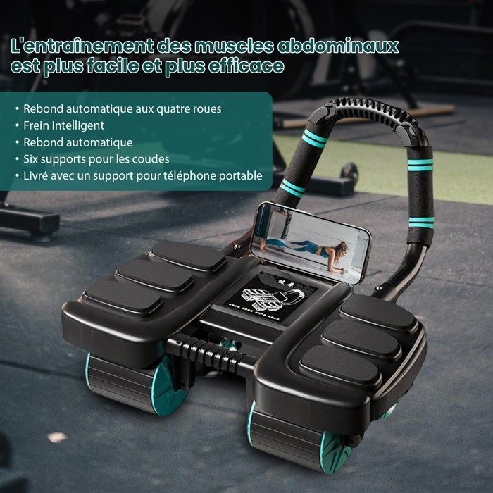 Ruota addominale, Ruota addominale automatica con supporto per i gomiti, Dispositivo automatico di rimbalzo per allenamento addominale, 4 ruote