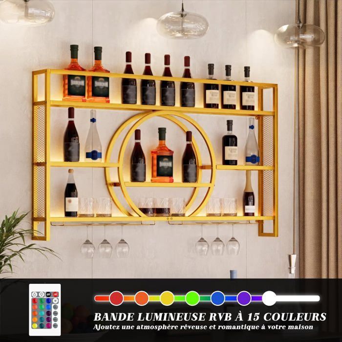 GOOBUY 140cm Metal Wine Glass Holder, Wall-Mounted Bottle Rack, Wine Rack with Light, Wine Bottle Organizer, 140x15x80cm, Gold