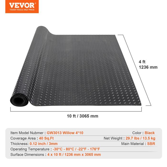 Alfombrilla para garaje VEVOR - 1236 x 3065 mm - 3 mm de grosor - para protección del suelo debajo de coches, garaje, gimnasio - Negra