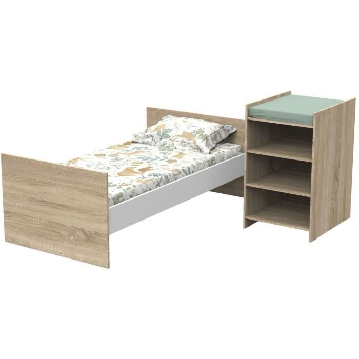 Lit bébé combiné - 120x60cm - Evolutif en 90x190cm - Babyprice Up - Décor bois - Avec commode à langer étagère