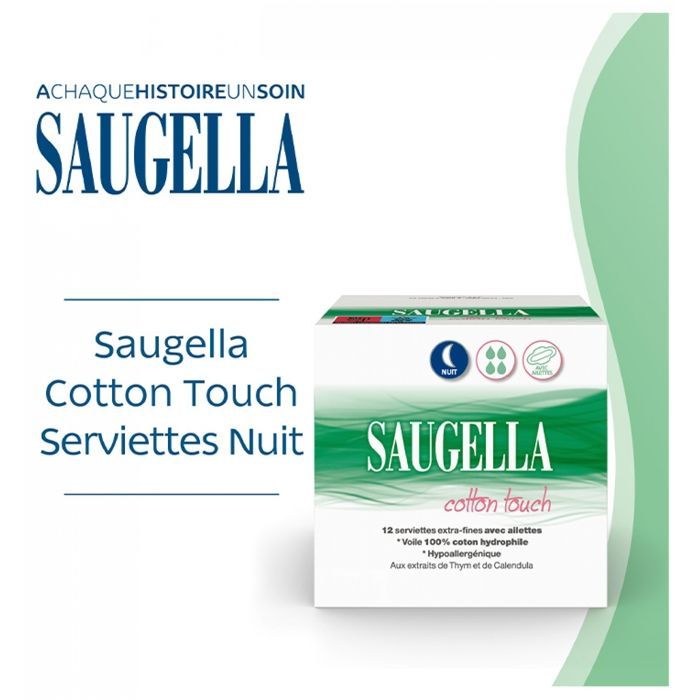 Maandverband - Saugella - Cotton Touch - Extra dun - Nacht - Pak van 2 met vleugels