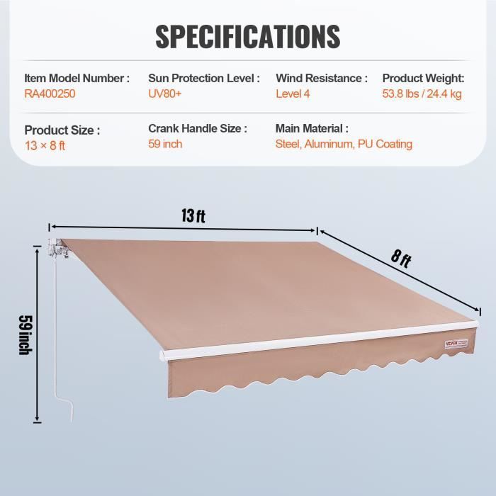 VEVOR Handmatig Zonnescherm - 4x2,4 m Uitschuifbaar Terraszonnescherm 40°-90° Verstelbaar - voor Terras, Achtertuin, Tuin, Balkon