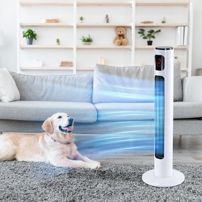 Ventilador de torre HOMCOM - Silencioso, 3 modos, 3 velocidades, mando a distancia, LED - 96 cm - Blanco
