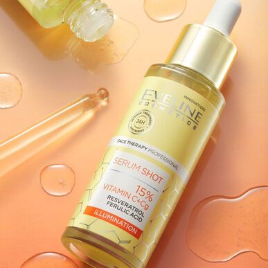 Eveline Serum Shot 15% Vitamín C Rozjasňujúce sérum na tvár proti tmavým škvrnám a vráskam 30 ml 30 ml