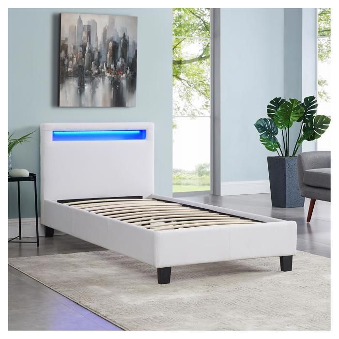 Cama individual LUCENO LED de 90x190 cm con somier de láminas, cabecero confortable y tapicería sintética blanca.