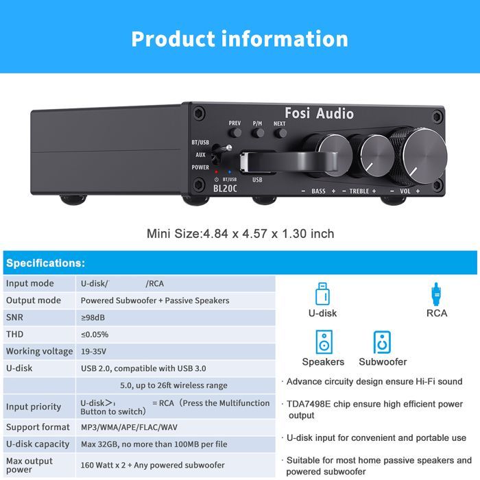 Amplificador de audio HiFi - RNCYN - BL20C - 32V - Reproductor de U-Disk - Receptor 2.1 - Clase D - Negro - Metal