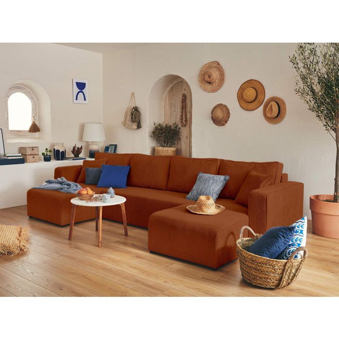 Topaze - U-shaped panoramic sofa - 7 seats - convertible with storage - in corduroy - Terracotta