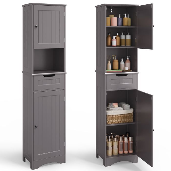 Colonna da bagno - Mobile contenitore autoportante Bealife - 1 cassetto - 5 ripiani regolabili - 2 ante - 40 x 30 x 170 cm - Grigio