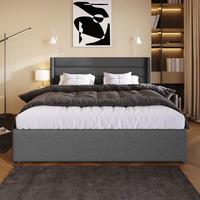 Lit Coffre Double Grand - MERAX - 180 x 200 cm - Tissu en lin gris - Lit Adult Rembourré 2 Places