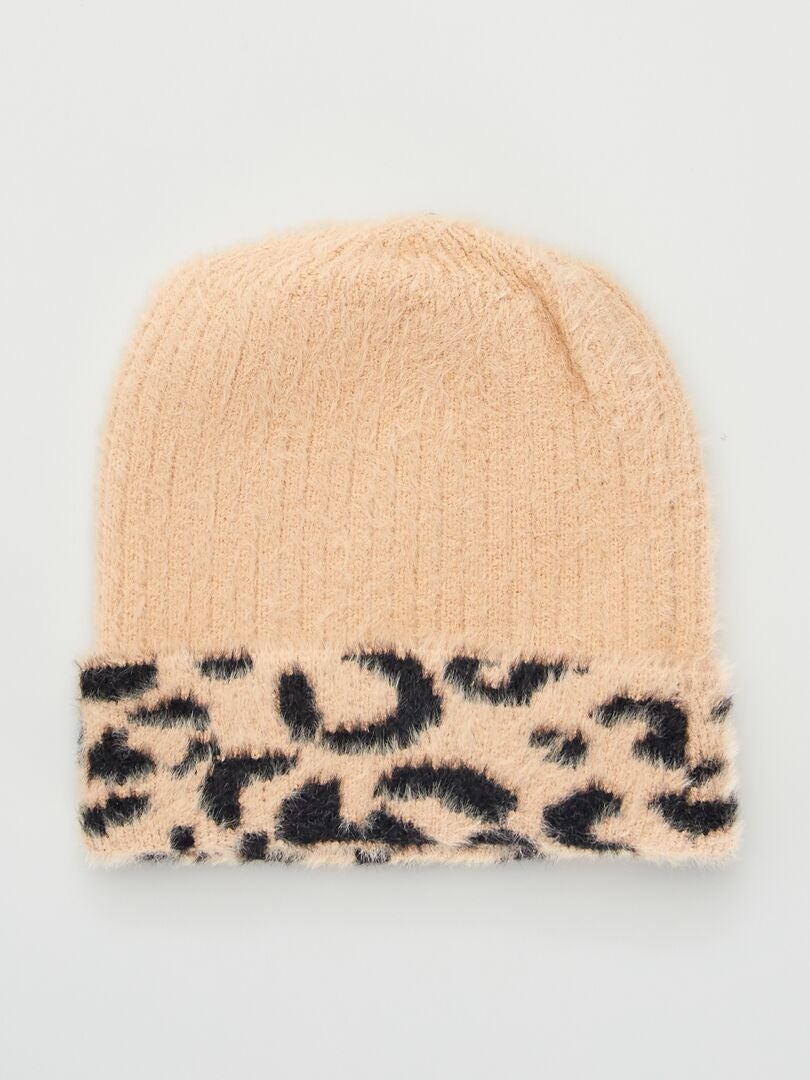 Gorro de lã tricotado com estampa de leopardo - MARROM