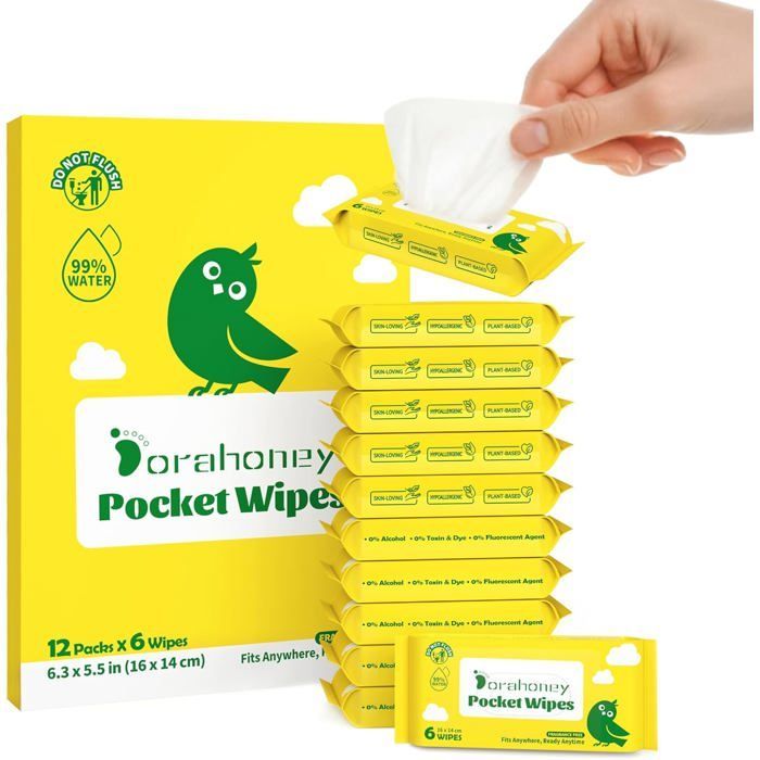 Lingettes humides de voyage - ESTAMPILLE - 99% d'eau - Hypoallergéniques - Sans parfum - Peaux sensibles - Lot de 12