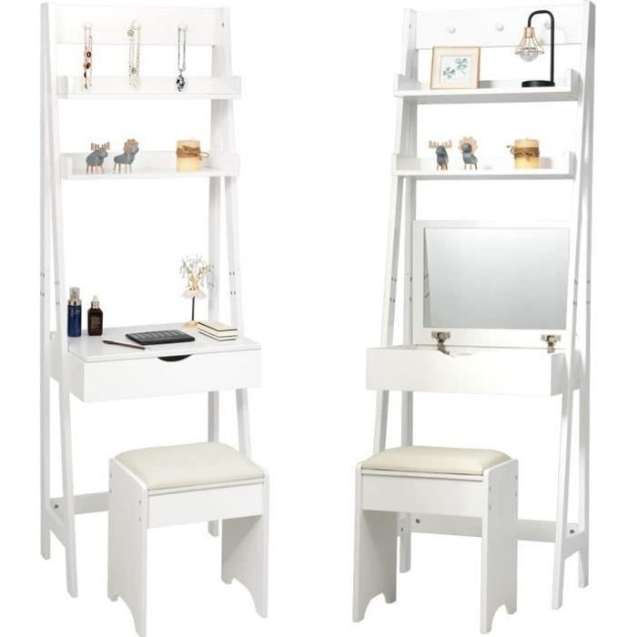 GIANTEX Dressing Table with Stool, Makeup Table with Folding Mirror, Hook and 6 Storage Compartments, White