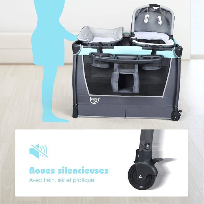 Lit Parapluie Bébé 0-36Mois Pliable - GOPLUS - Charge 15KG - 2 Roues Verrouillables - Matelas/Panier/Table à Langer/Musique/Sac