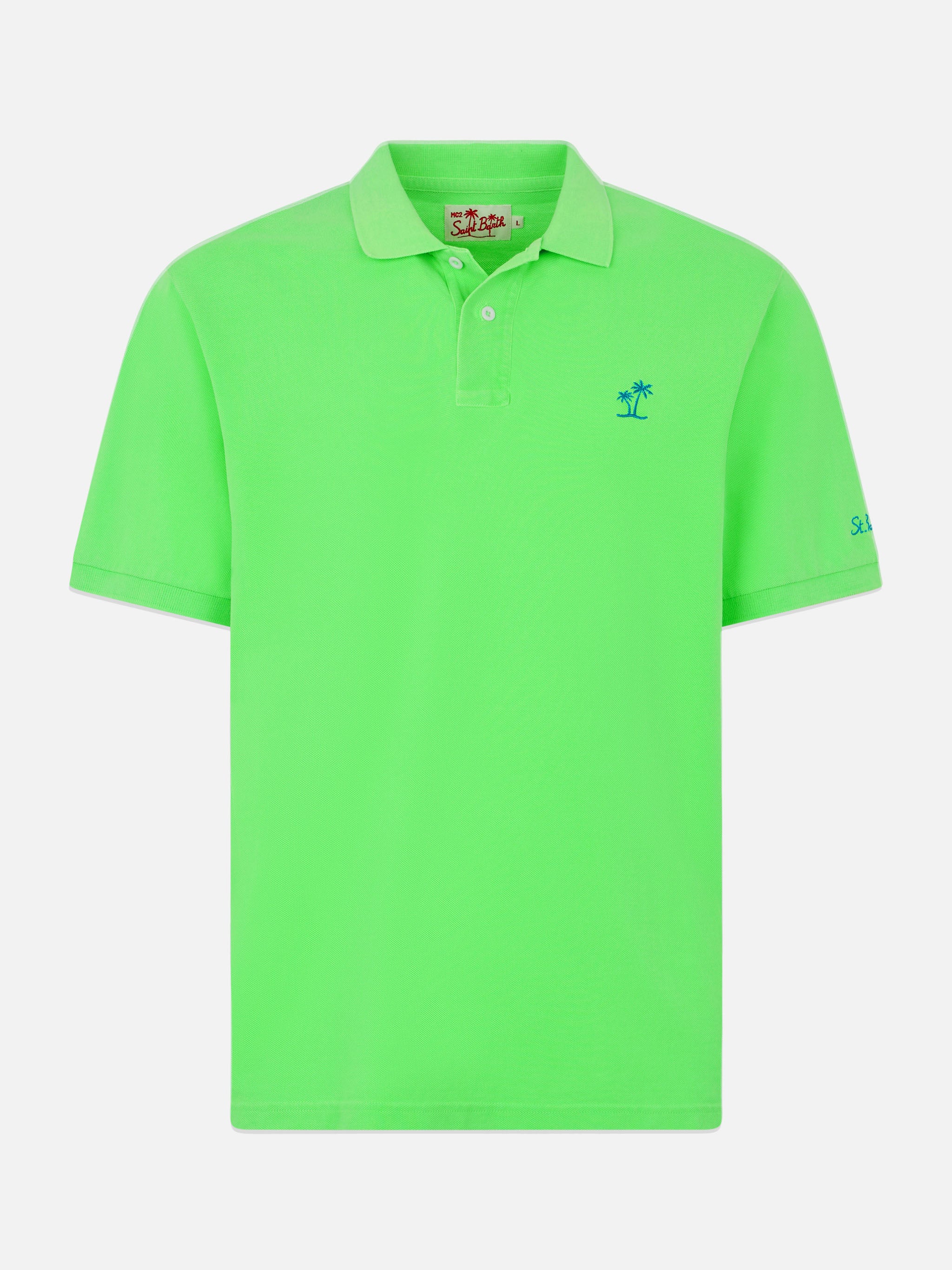 Polo da uomo in piquet verde fluo con logo St. Barth ed effetto vintag