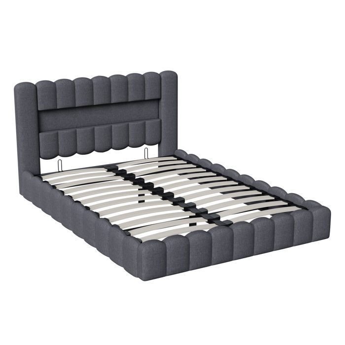 Cama con almacenamiento de 180x200cm - PERGAR - Gris oscuro - Almacenamiento integrado - USB y LED - 2 plazas