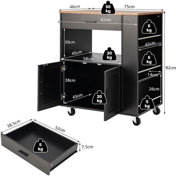 Carrito de cocina COSTWAY con ruedas (2 con cerradura) 82x46x92cm, isla de cocina con 3 especieros, color negro.