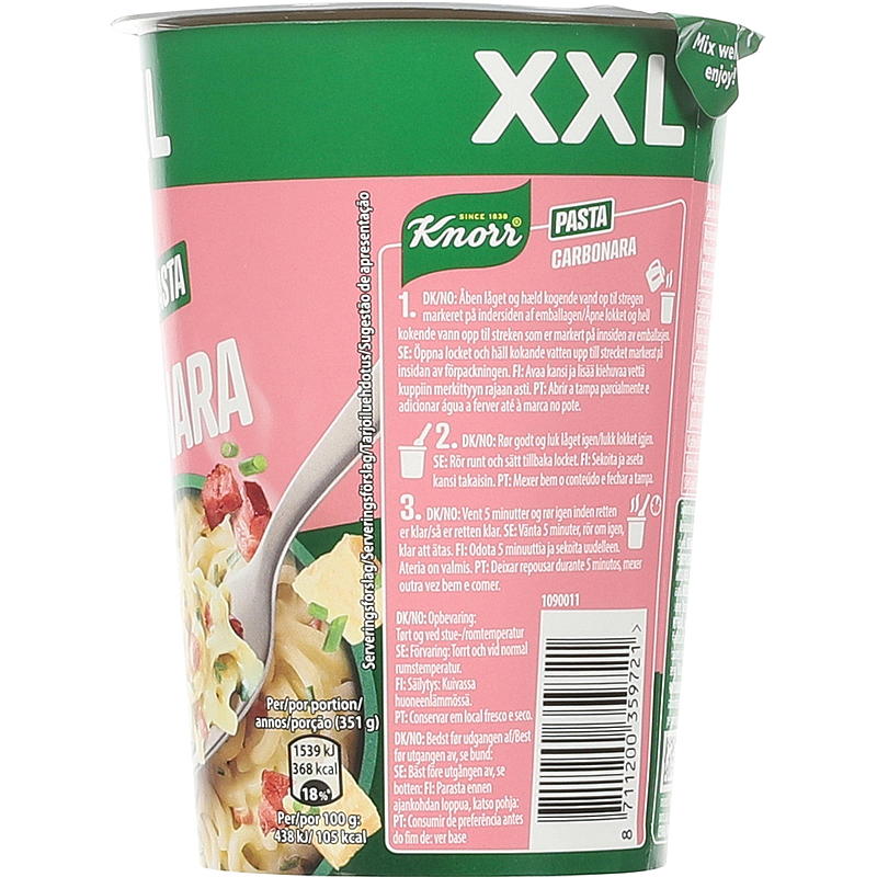 Knorr Carbonara, envase de 92 g de snack Knorr