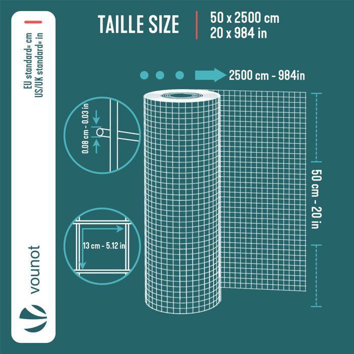 Rollo de malla de alambre soldado recubierto de PVC VOUNOT® de 0,5 x 25 m, color verde - Malla de 13 mm, alambre de 0,8 mm - Cercas y redes metálicas