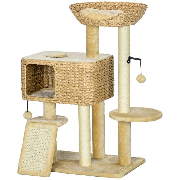 Árbol para gatos PawHut: rascador, guarida, cesta, plataformas de observación, centro con pompón, de felpa, 98 cm de altura, color beige.